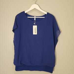 VIIShow Womens Batwing Sleeve Top Blue Chiffon - Size L